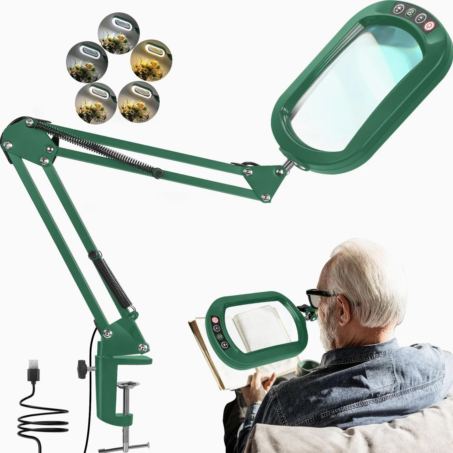 Lupa cuadrada de 10 aumentos con luz y abrazadera, lupa y soporte de cristal real, 5 modos de color regulable, lámpara de escritorio manos libres con abrazadera para leer, manualidades, pasatiempos