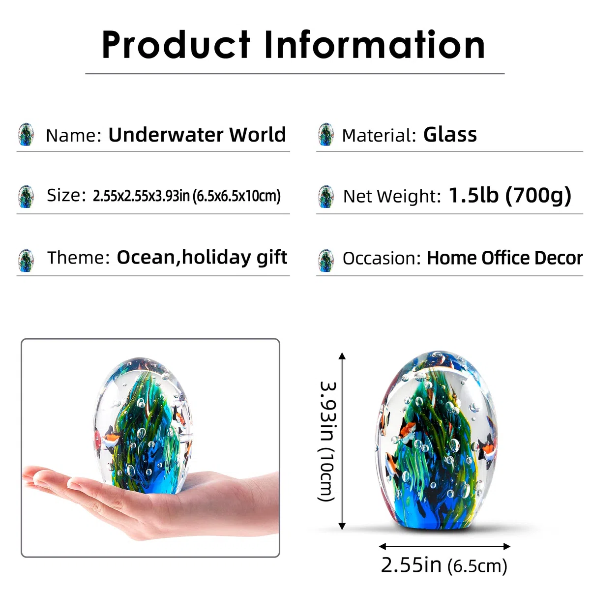 EUSTUMA Mundo Submarino de Cristal Soplado a Mano - Portapapeles para Oficina, Decoración Interior, Objeto de Colección, Decoración Acuario, Amantes del Océano