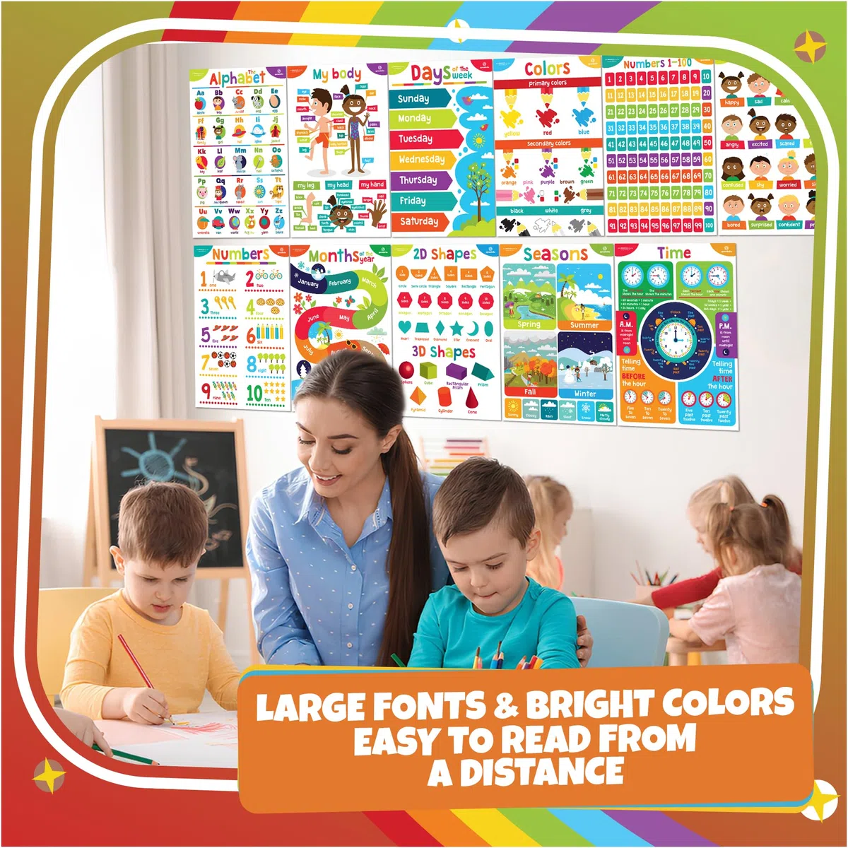 Sproutbrite Carteles educativos para niños pequeños, decoraciones de aula, materiales de suministros de escuela en casa de jardín de infantes, decoración de aprendizaje preescolar, póster ABC, 11