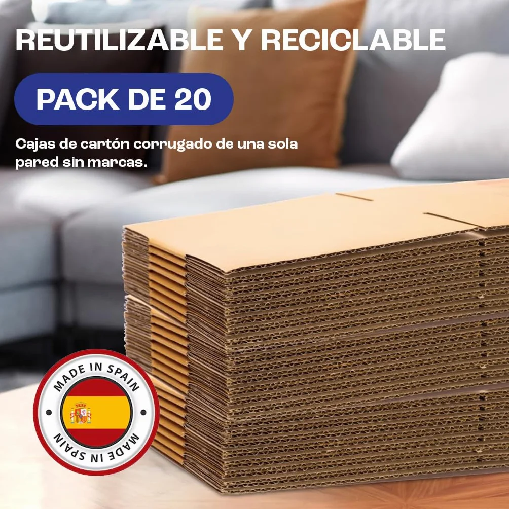 Cajas de Cartón para Mudanza 60x40x40cm con Precinto y Asas, Cartón Corrugado Reciclado