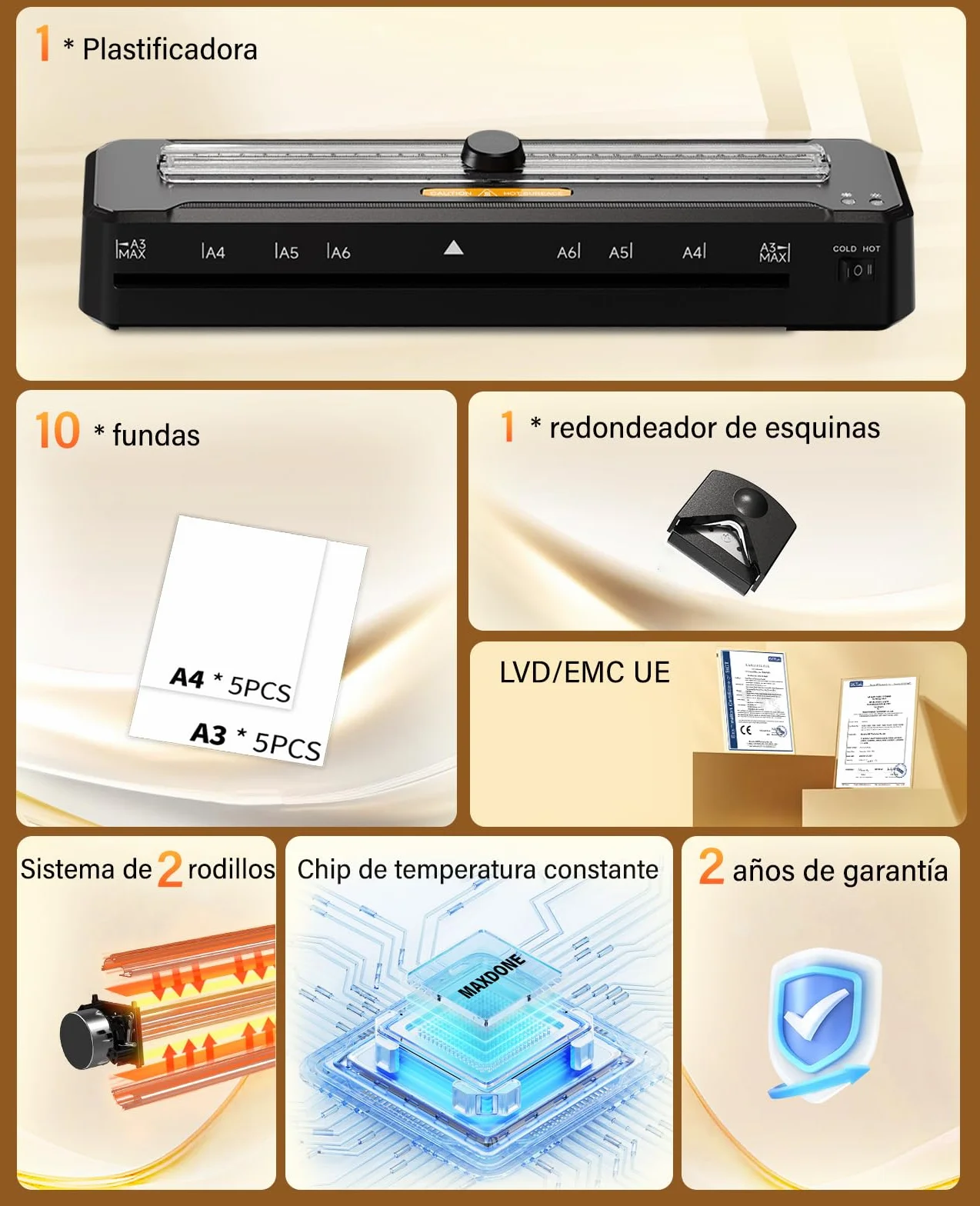 MAXDONE Plastificadora A3 Laminadora Frío Caliente con Bolsas Cortador Redondeador