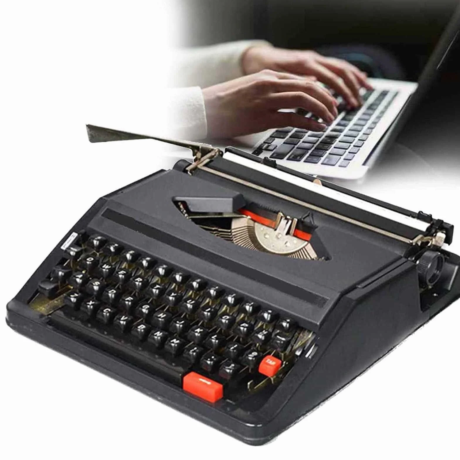 Máquina de escribir vintage, perfecta para escribir novelas en cualquier lugar, máquina de escribir manual retro en rojo y negro con teclado inglés, ideal para escritores aventureros en la selva