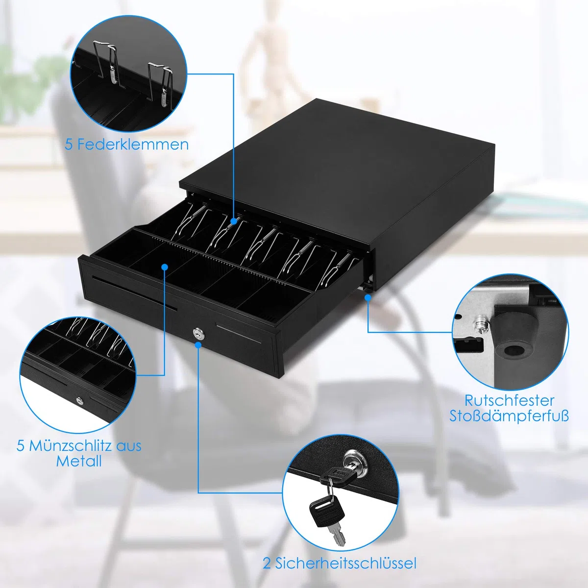Goplus - Cajón para caja registradora, caja de dinero, cajón de caja registradora electrónica con 5 compartimentos para billetes y 5 compartimentos para monedas, color negro, 42 x 40,5 x 9 cm