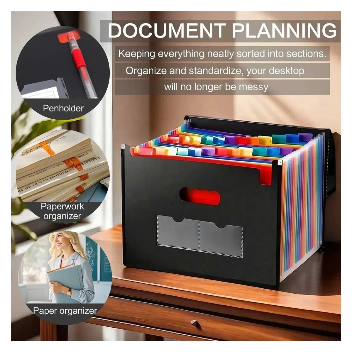 Organizador De Archivos Acordeón Rejilla Impermeable 13/25 Para Escritorio | Bolsa de almacenamiento de documentos de oficina con solapa sellada de tres lados(25 Pockets)