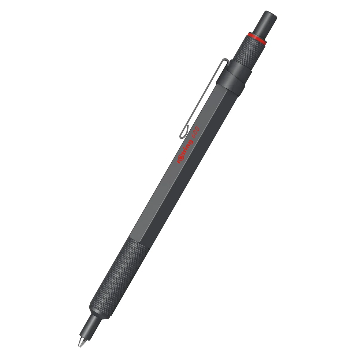 rOtring Bolígrafo 600 y estuche de terciopelo, punta media, tinta negra, bolígrafo de cuerpo totalmente metálico, piedra oscura, agarre estriado antideslizante y barril hexagonal, recargable, juego