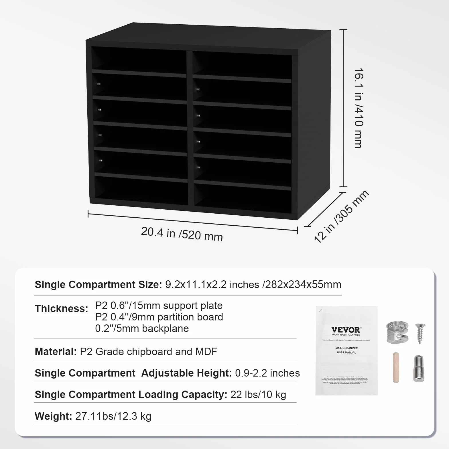 VEVOR Organizador de Literatura de madera Aglomerado Estante de Almacenamiento de Documentos de 12 Compartimentos 52x30,5x41 cm Clasificador de Literatura con Estantes Ajustables para Oficina, Negro