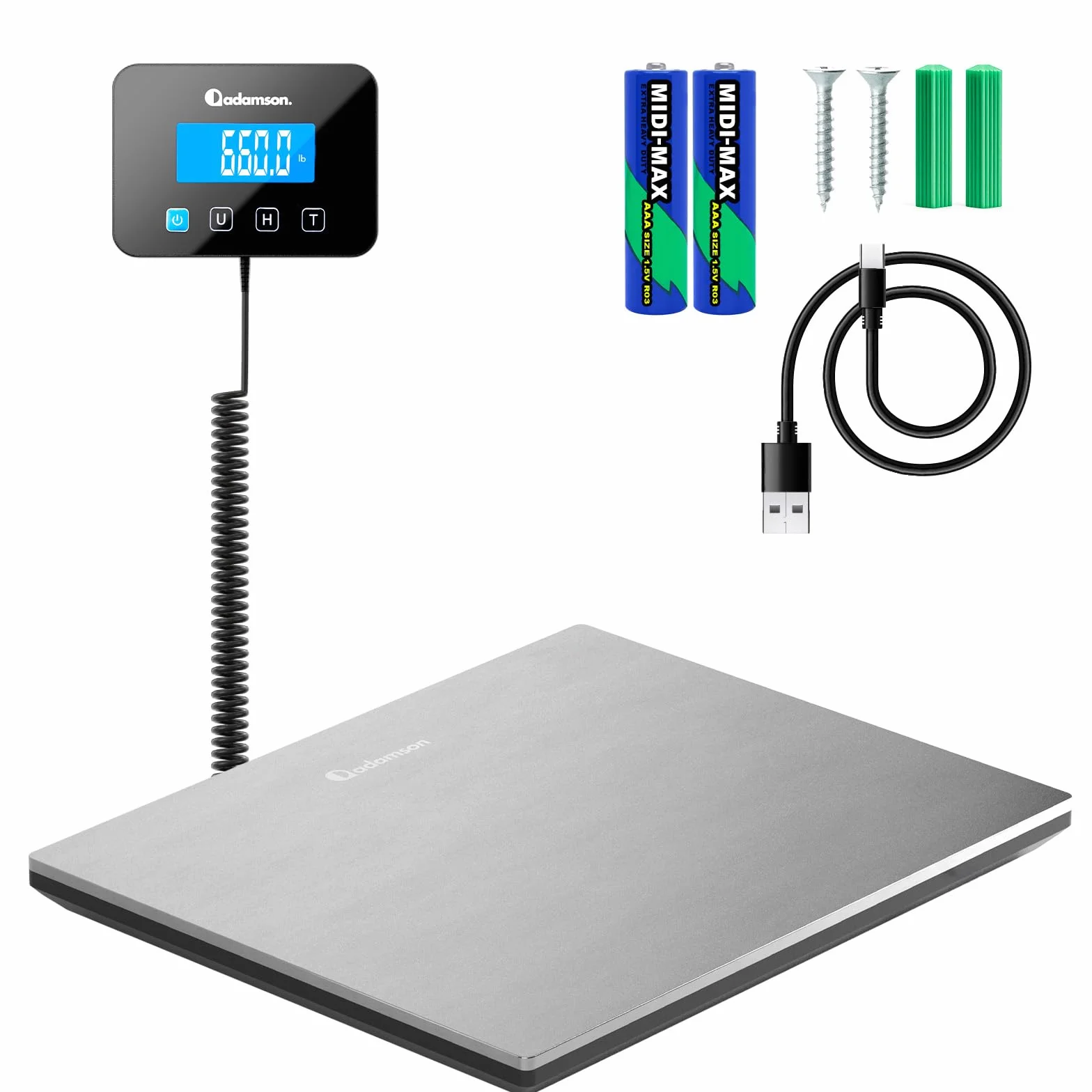 Bascula Industrial - 300 kg - Bascula Comercial de Alta precisión con Función de Retención/Tara - Perfecta para Paquetes, Equipaje, Uso Profesional - Batería y cable incluidos - Plata