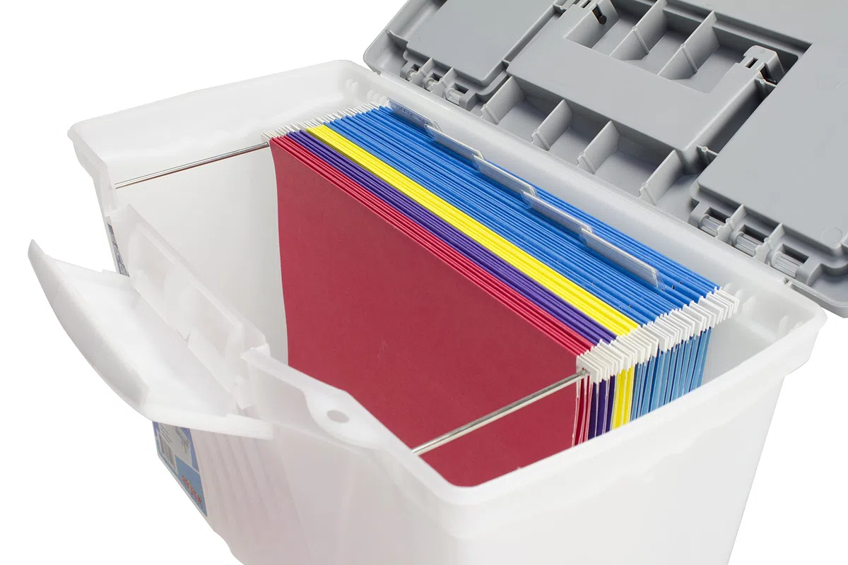 Storex Caja de archivos portátil con tapa organizadora, 17.13 x 9.63 x 11 pulgadas, esmerilado/plateado (61511A01C)