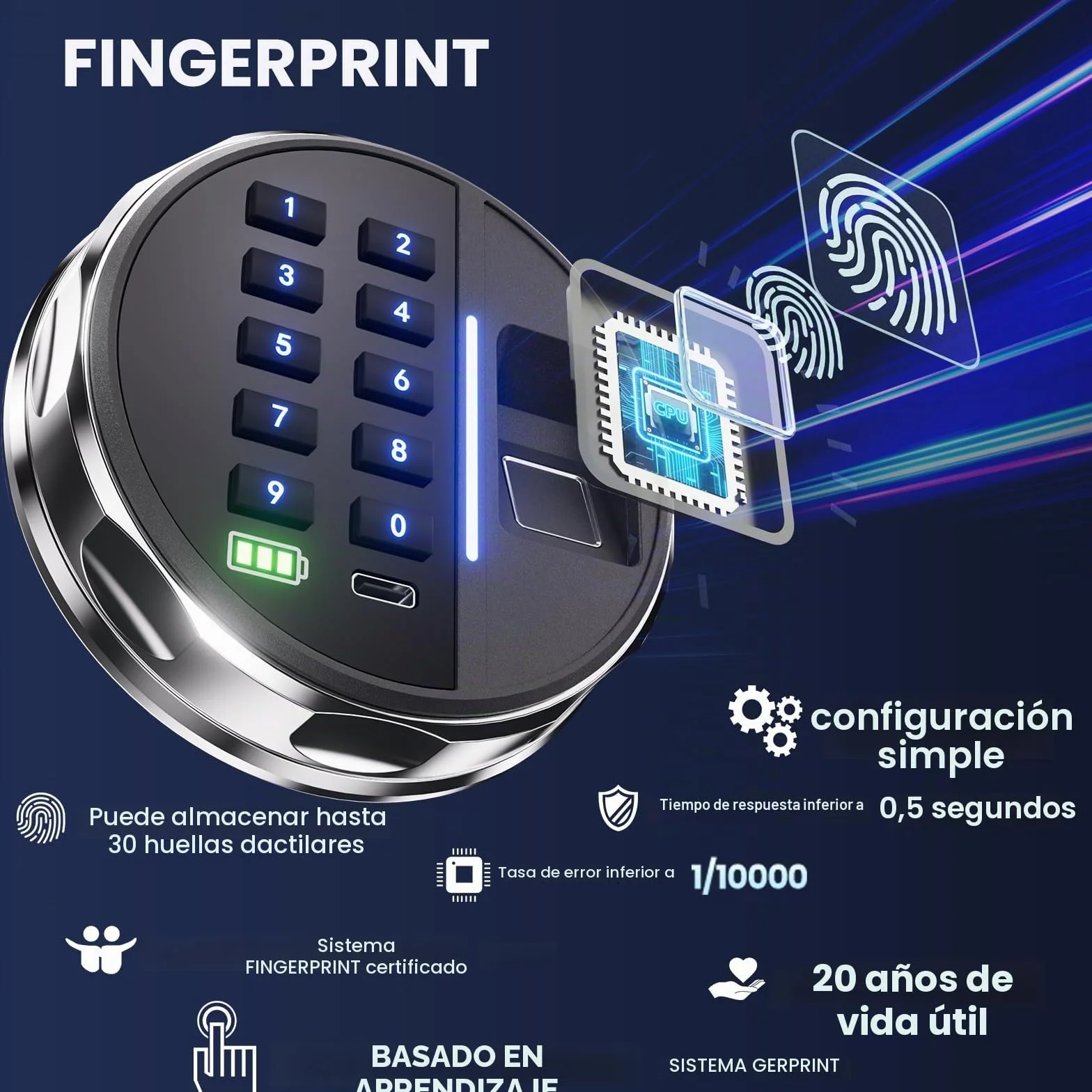 Grimtron Caja Fuerte Biométrica Inteligente 14 Litros con Lector de Huellas Dactilares y Teclado Retroiluminado