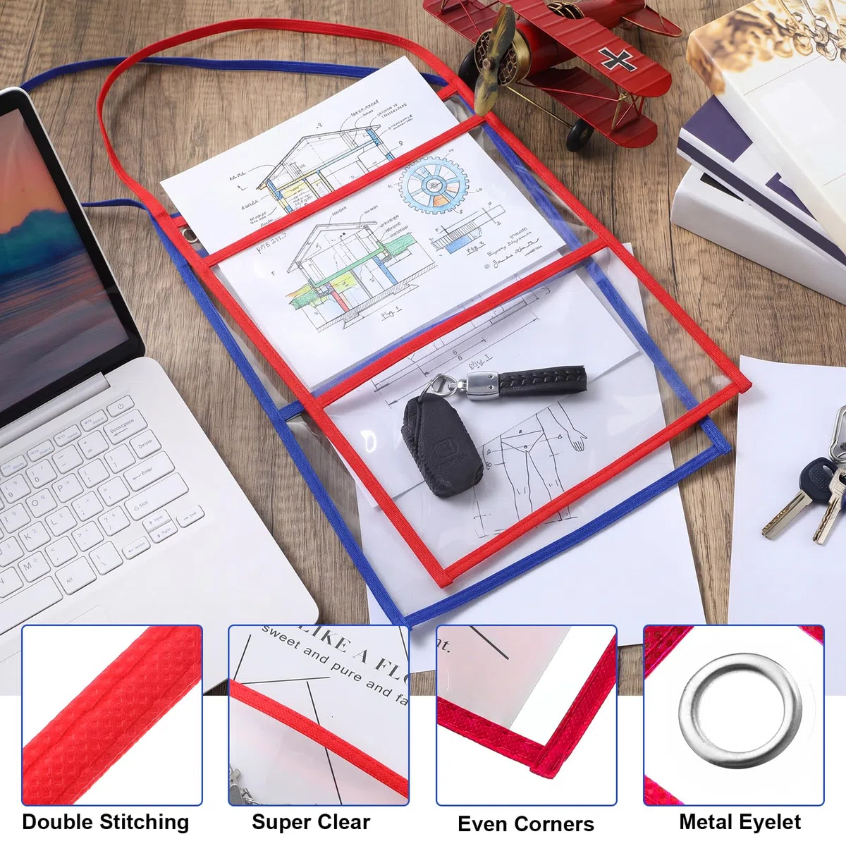 Epakh Paquete de 30 soportes para boletos de tienda de 9 x 12 pulgadas, fundas de plástico para boletos de trabajo, fundas de borrado en seco con correa para colgar, ambos lados transparentes (rojo