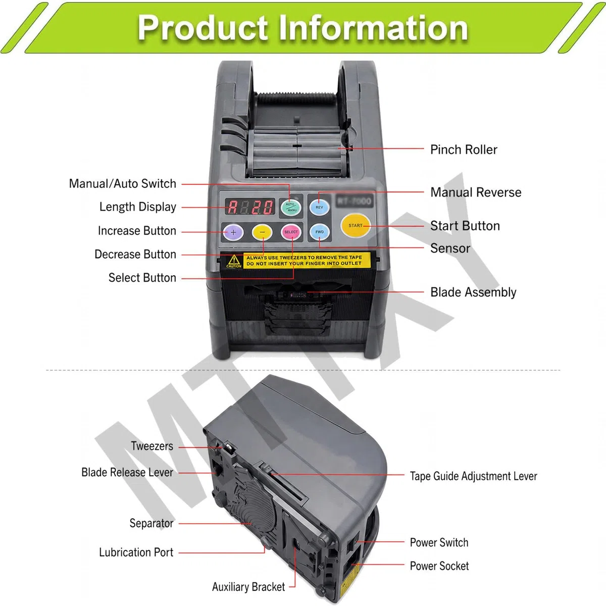 Dispensador Eléctrico de Cinta, 6-60 mm, Auto/Manual | Corte hasta 999 mm con engranaje de silicona antideslizante y pantalla LCD para oficina, almacén y embalaje.