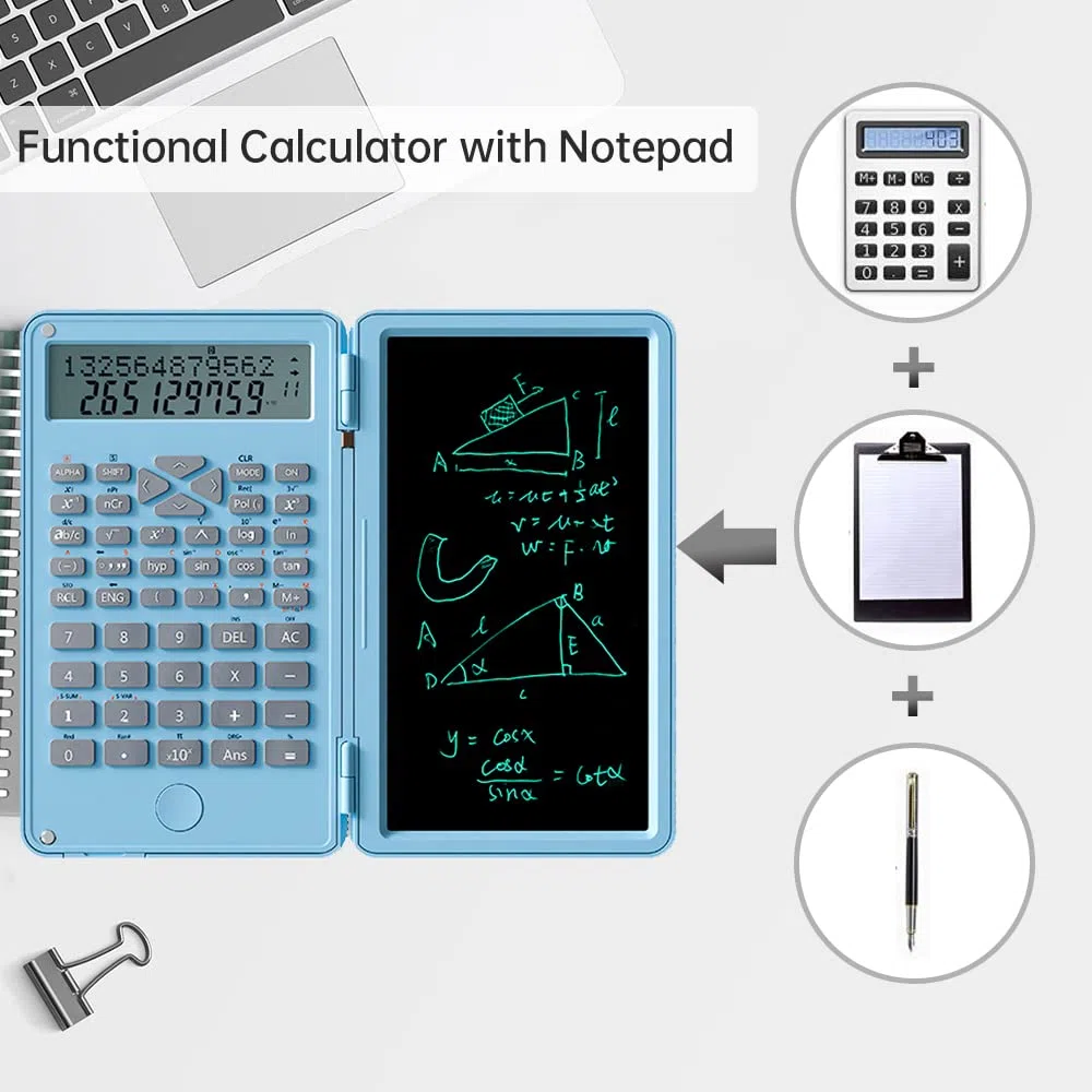 Calculadora científica con tableta de escritura, calculadora profesional plegable de bolsillo, calculadora estándar con bloc de escritura LCD borrable para oficina, hogar, escuela, negocios (azul)