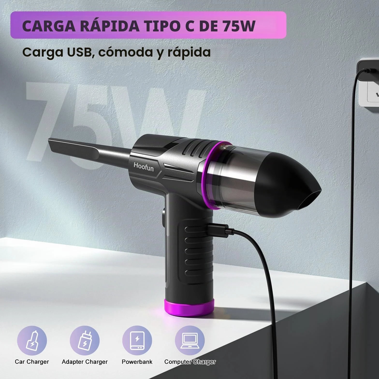 Hoofun Soplador de Polvo Eléctrico y Aspirador 2 en 1, 100000 RPM, 10Kpa Soplador Aspirador Portatil, 3 Velocidades Soplador Aire Comprimido Sin Cable con LED para PC, Sofá, Coches, Hogar 7600 m Ah