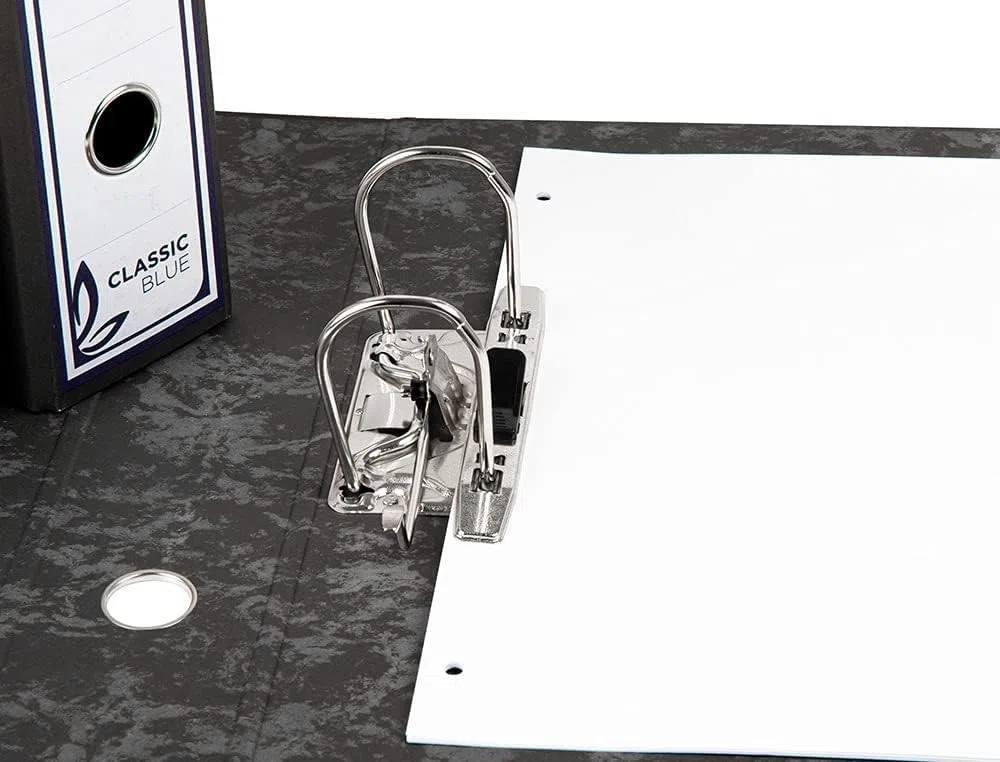 Archivador de Palanca Cartón Forrado (pack 8 Unids), Tamaño Folio, Jaspeado Negro + Caja Classic Blue