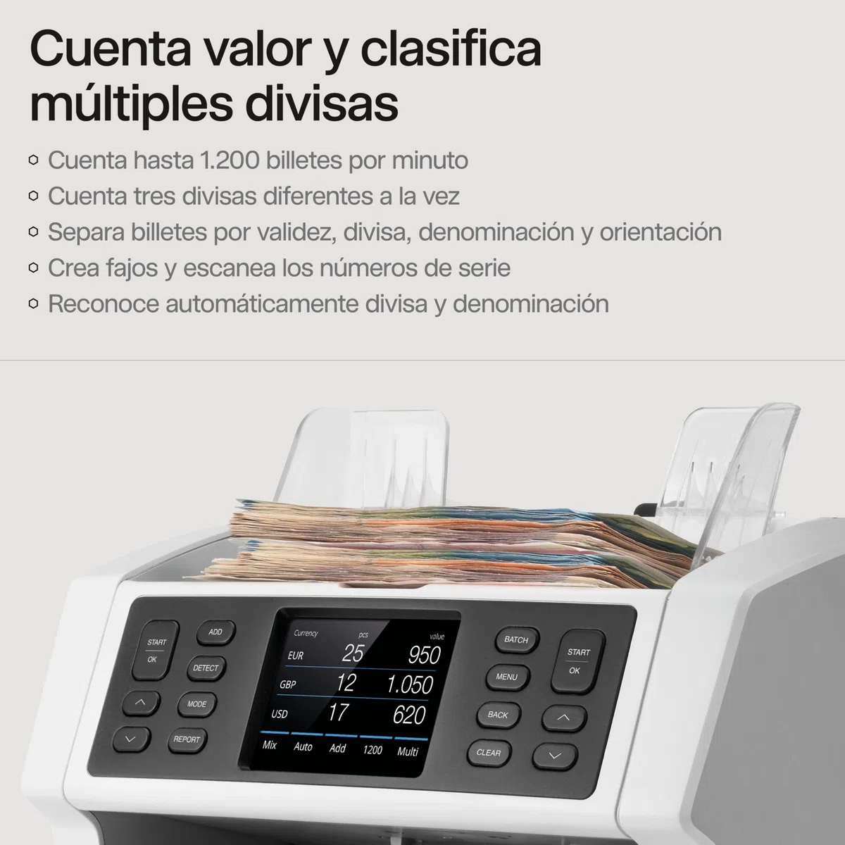 Safescan 2985-SX Contadora de billetes cuenta el valor y clasifica billetes mezclados - Contadora detectora de billetes falsos en 7 puntos - Máquina para contar billetes con opciones de clasificación