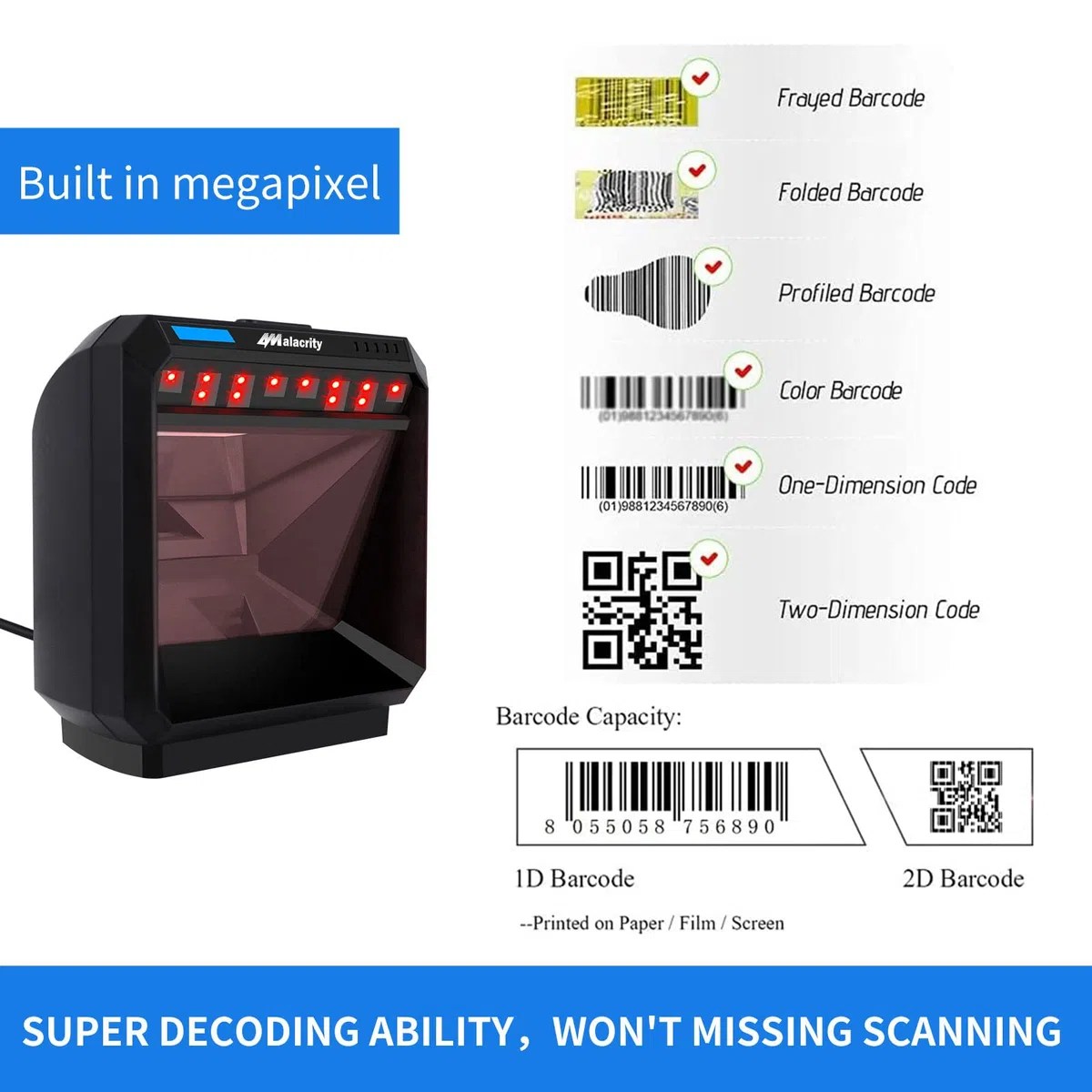 Alacrity escáner de código de Barras 2D automático, omnidireccional, Manos Libres, USB QR PDF417, Lector de código de Barras para escaneo de Pantalla de Ordenador de Pago móvil