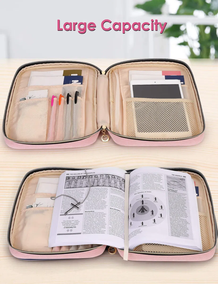 Heouvo Fundas de Biblia para mujer, funda de transporte acolchada de algodón con bolsillos/asa, ideal para estudio bíblico/uso diario, regalo perfecto para mujeres y niñas