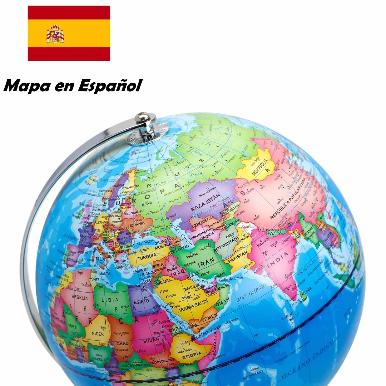 EXERZ Globo Terráqueo Iluminado 23 cm Mapa Español Y Constelaciones Lámpara LED Sin Cable Base Metálica Cromada Modo Día Noche