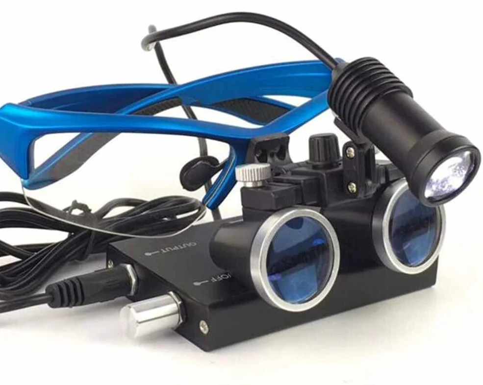 Lupa, lupas dentales 3.5X, Gafas quirúrgicas para médico con luz LED, Gafas binoculares con Lupa para Dentista con práctico Estuche de Transporte, Color Azul.