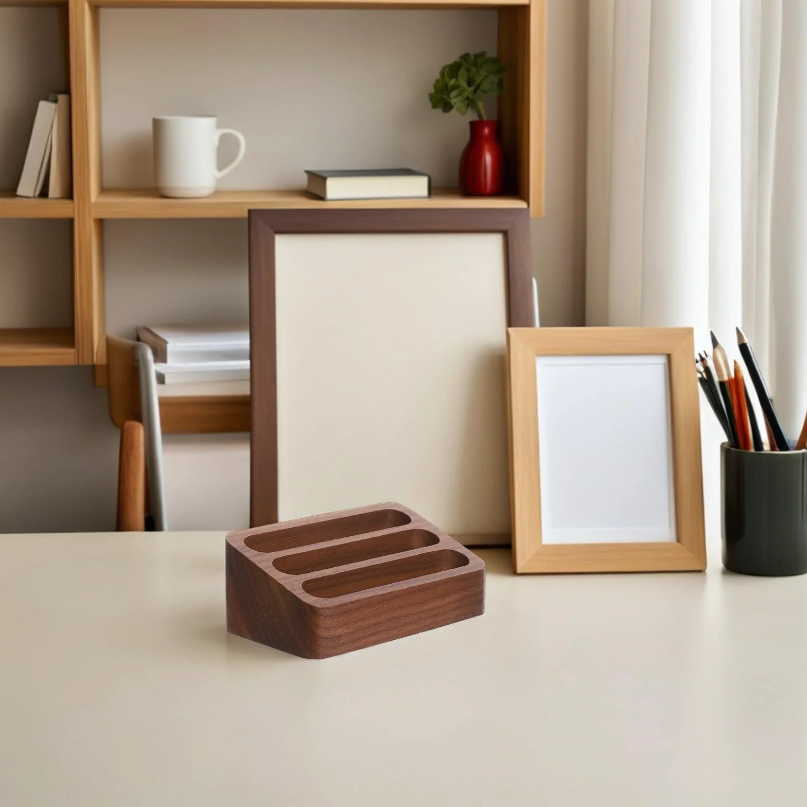 SHINEOFI 2piezas Tarjetero de Madera de Nogal Negro Estuche para Tarjetas de Visita Ranuras Pequeño Organizador para Oficina Hogar y Mesa de Escritorio
