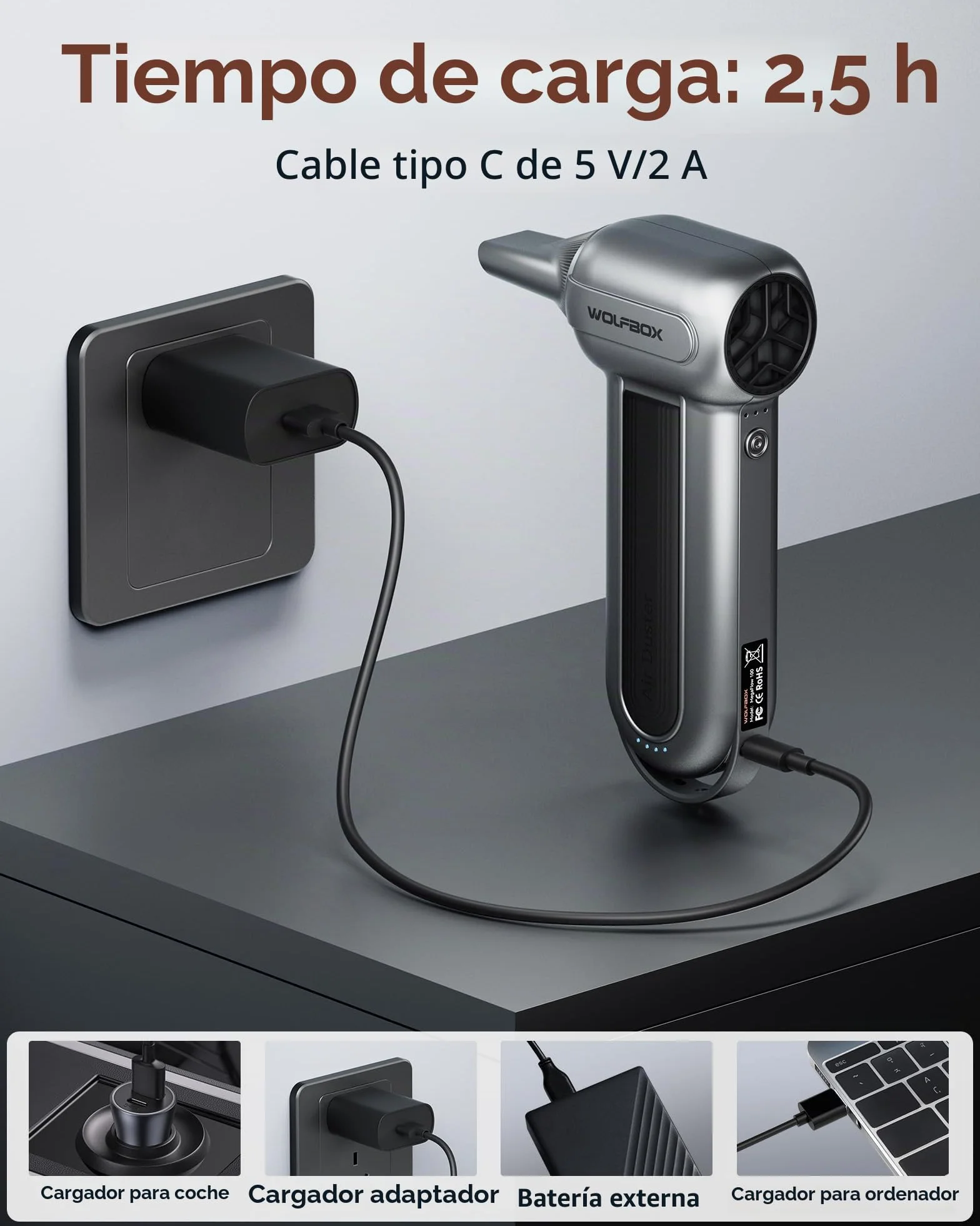 WOLFBOX MF100 plumero eléctrico de aire-150000RPM Super Power inalámbrico plumero de aire, motor sin escobillas recargable, 3-Gear ajustable soplador de polvo para el ordenador, teclado, casa y coche