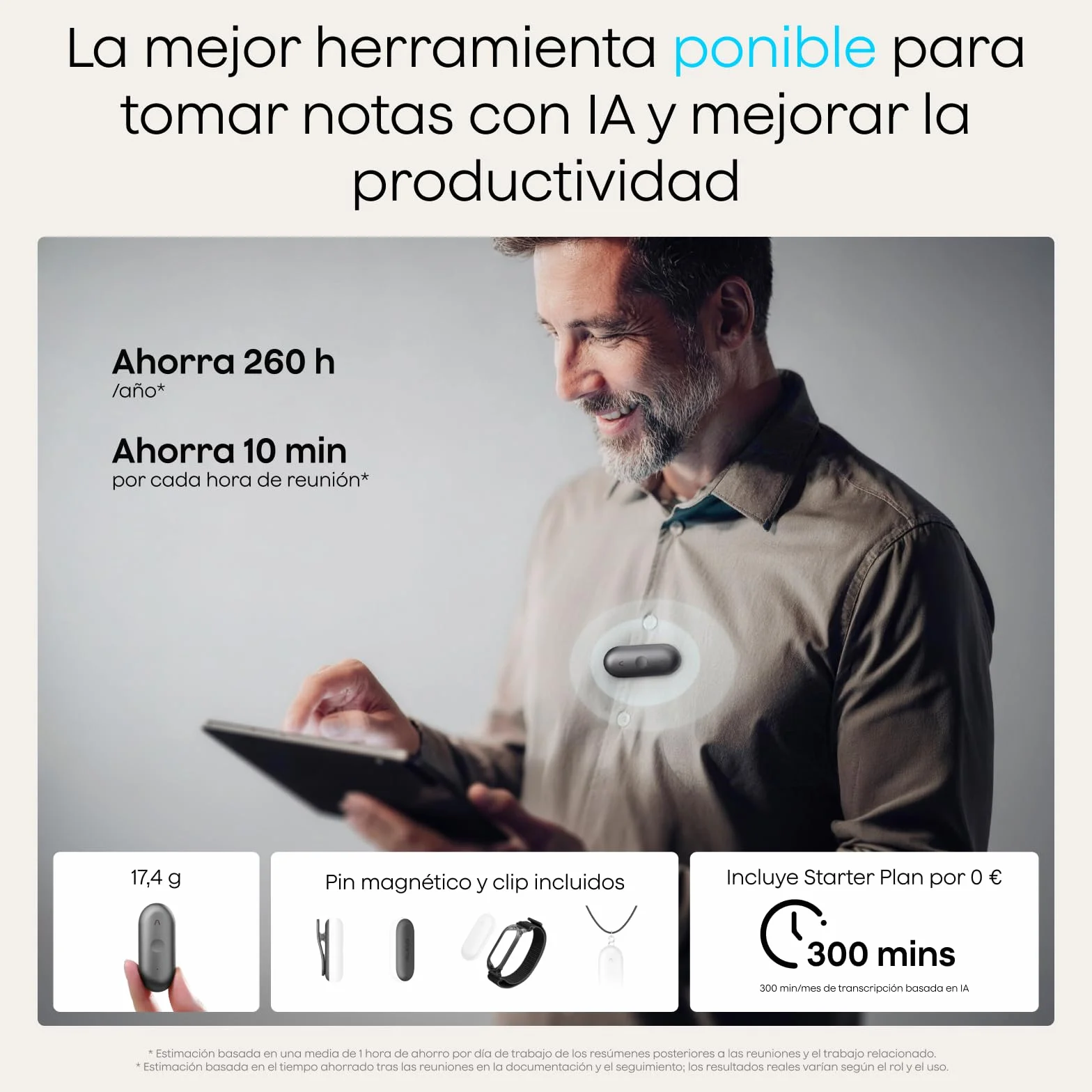 Plaud NotePin S Grabadora de Voz IA con Transcripción y Resúmenes para Reuniones