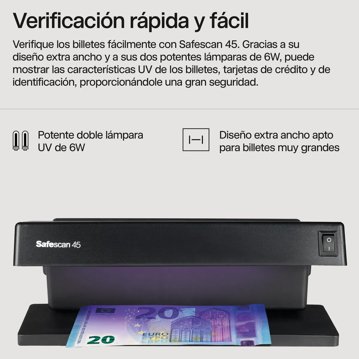 Safescan UV 45 Detector de billetes falsos, verifica billetes, tarjetas de crédito y documentos - Detector UV para nuevos billetes - Detector billetes falsos con luz UV - Detector con luz UV
