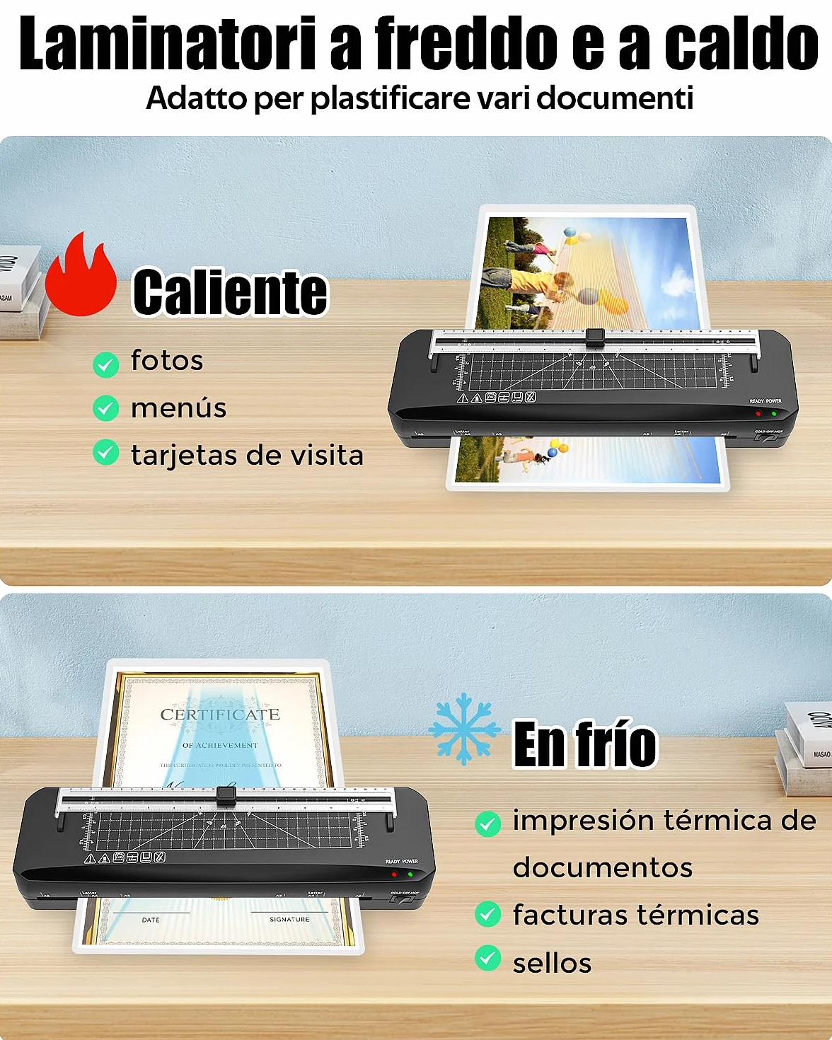 Plastificadora A3 Calentamiento Rápido 70 Segundos, Máquina Laminadora Frío y Caliente con Cortador Integrado y 50 Bolsas