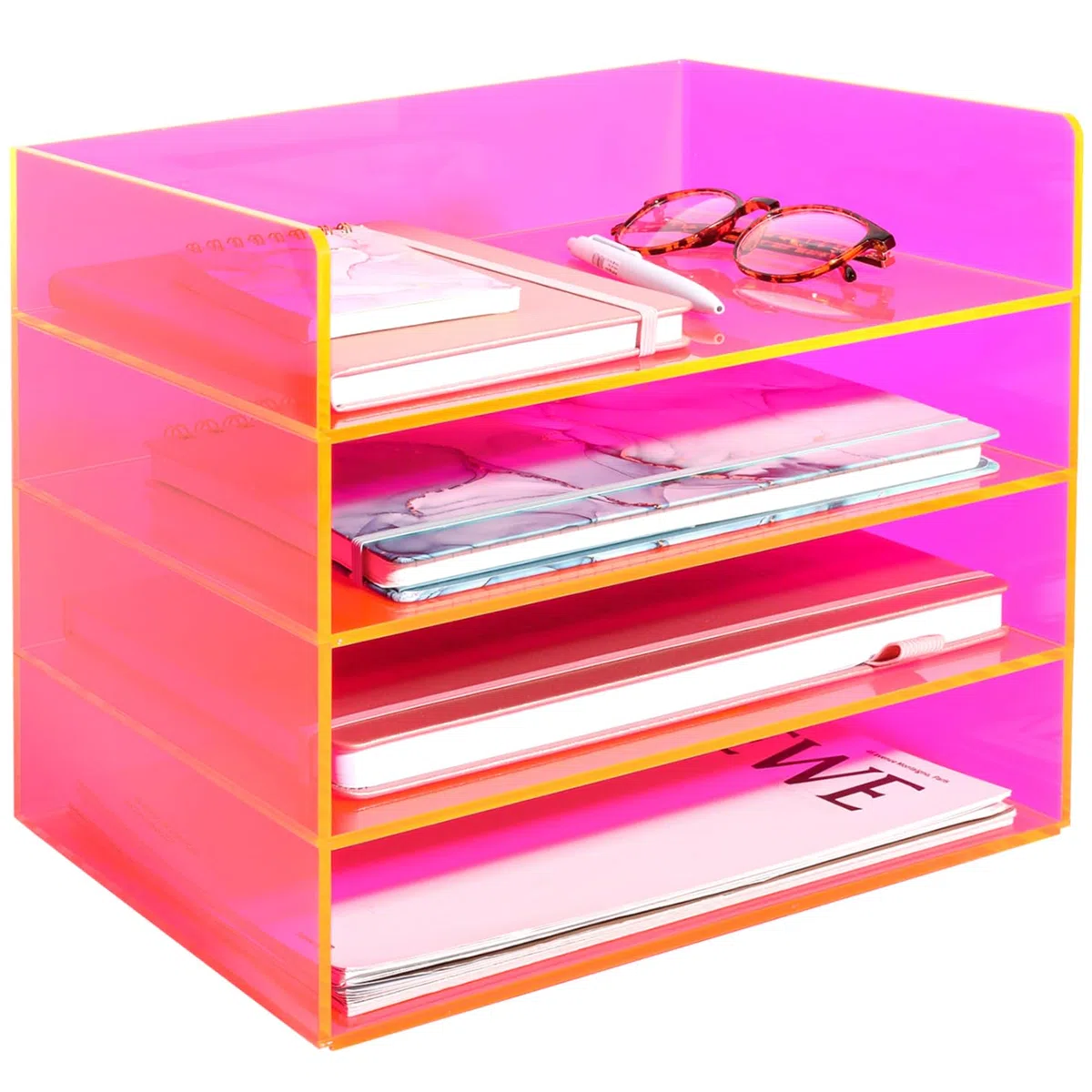 Gelite Organizador de archivos acrílico para escritorio, bandeja apilable de 4 niveles, bandeja de cartas, almacenamiento de papel de oficina, clasificador de documentos de escritorio, rosa neón