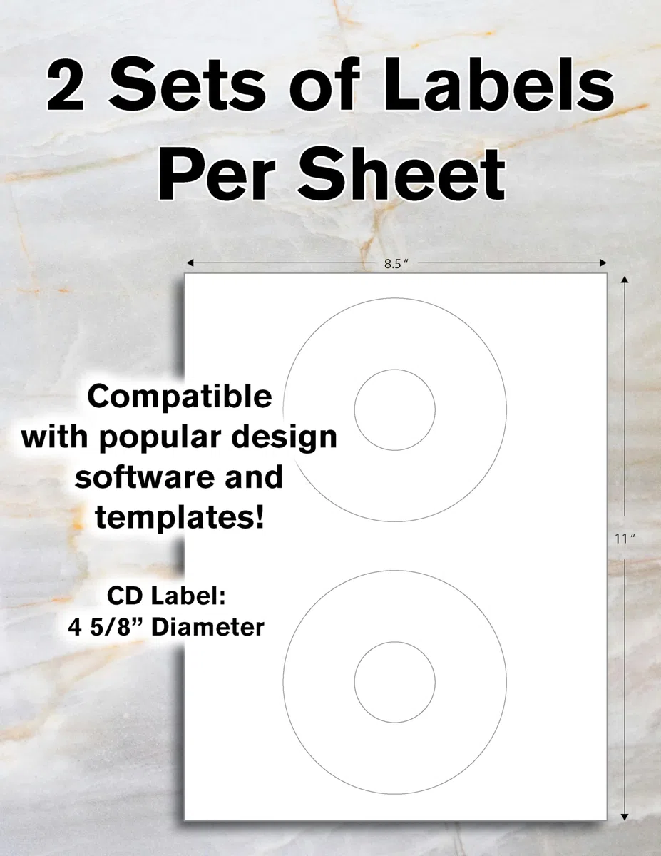 CD/DVD etiquetas compatible palabra plantilla 5824 tamaño etiquetas. En blanco etiquetas de inyección de tinta y tóner garantizada. Fabricadas en Estados Unidos.