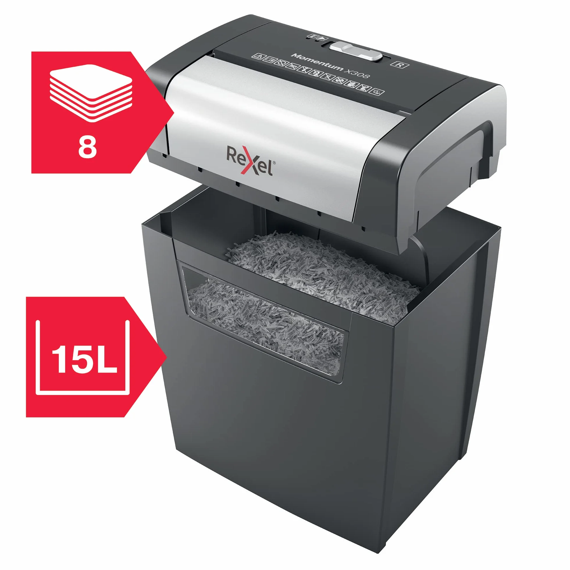 Rexel 2104570EU - Destructora Personal/Home Office Momentum X308, Destruye hasta 8 Hojas, Papelera de 15L, Corte en Confeti, Seguridad P3, Ideal para Casa/Negocios, Destruye Papel, Grapas y Clips