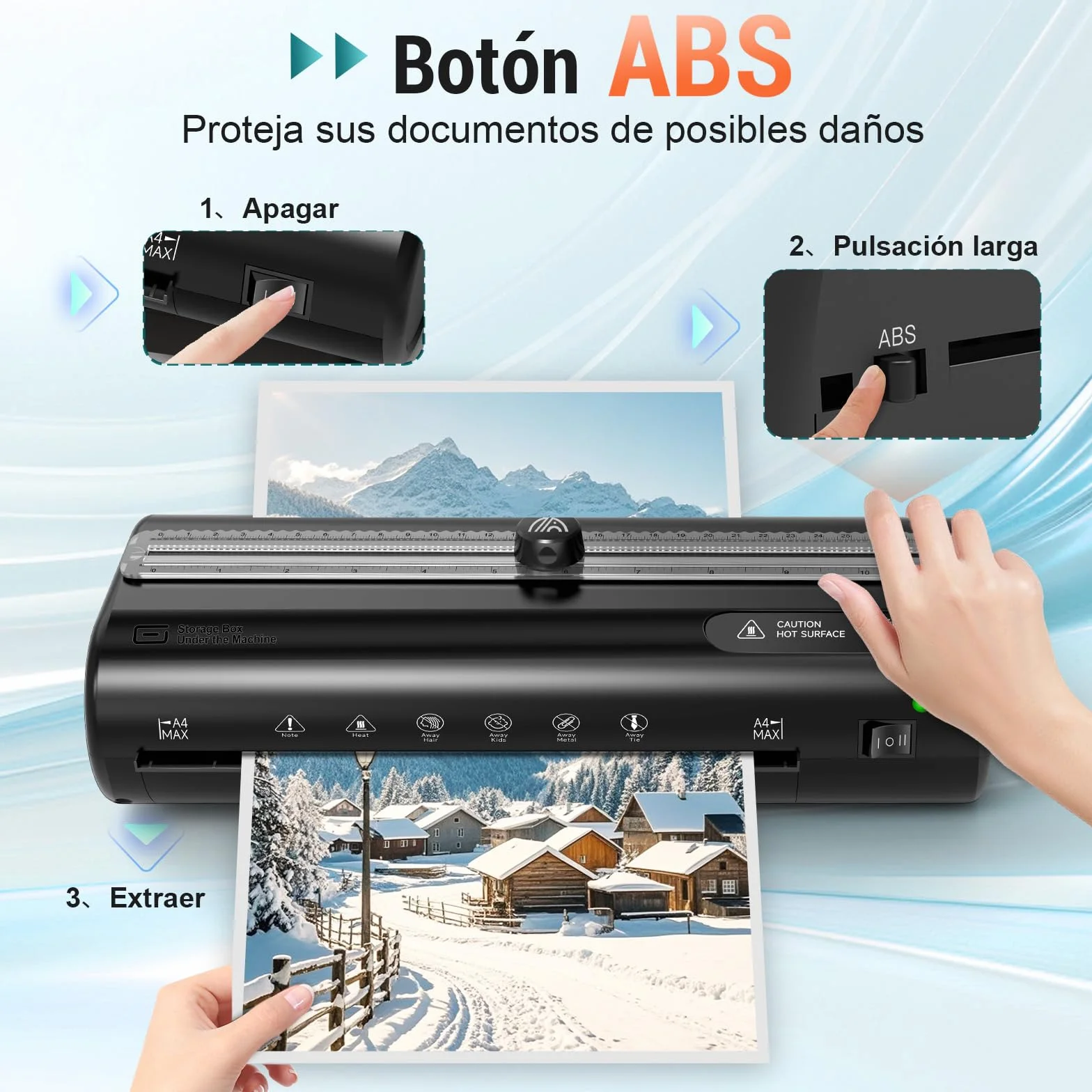 Plastificadora A4 Laminadora con 50 Bolsas Plastificación Frío Caliente Almacenamiento Recortadora Perforadora