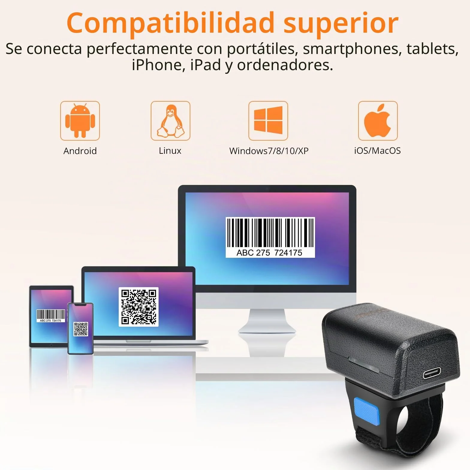 1D 2D Bluetooth portátil anillo de código de barras escáner portátil Mini lector de códigos de barras con conexión inalámbrica de 2,4 GHz y cable USB