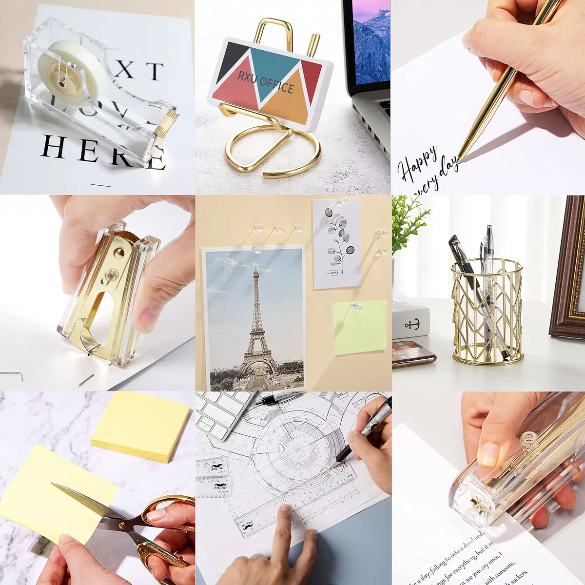 Accesorios de escritorio dorados, grapadora acrílica, removedor de grapas, soporte de cinta, soporte para bolígrafos, bolígrafo, tijeras, clips de carpeta, 1000 grapas, soporte para teléfono, regla