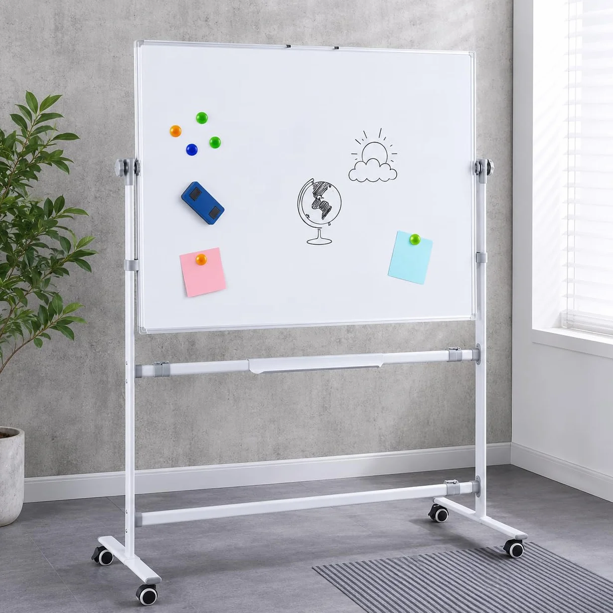 Pizarra blanca magnética de doble cara con ruedas, paquete de 2, 90 x 120 cm, pizarra portátil de borrado en seco para escuela, hogar y práctica musical