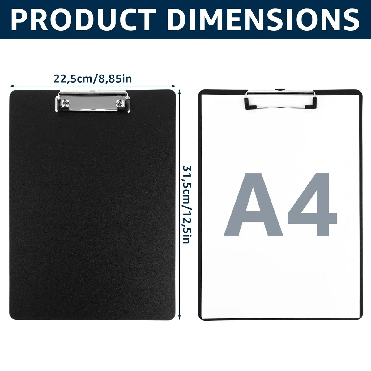Pack de 12 Portapapeles A4, Portapapeles con Pinza A4 y Carpeta con Pinza Metalica 315x225x2 Mm, Plastico Mate Negro con Bolsa OPP para Oficina Aula