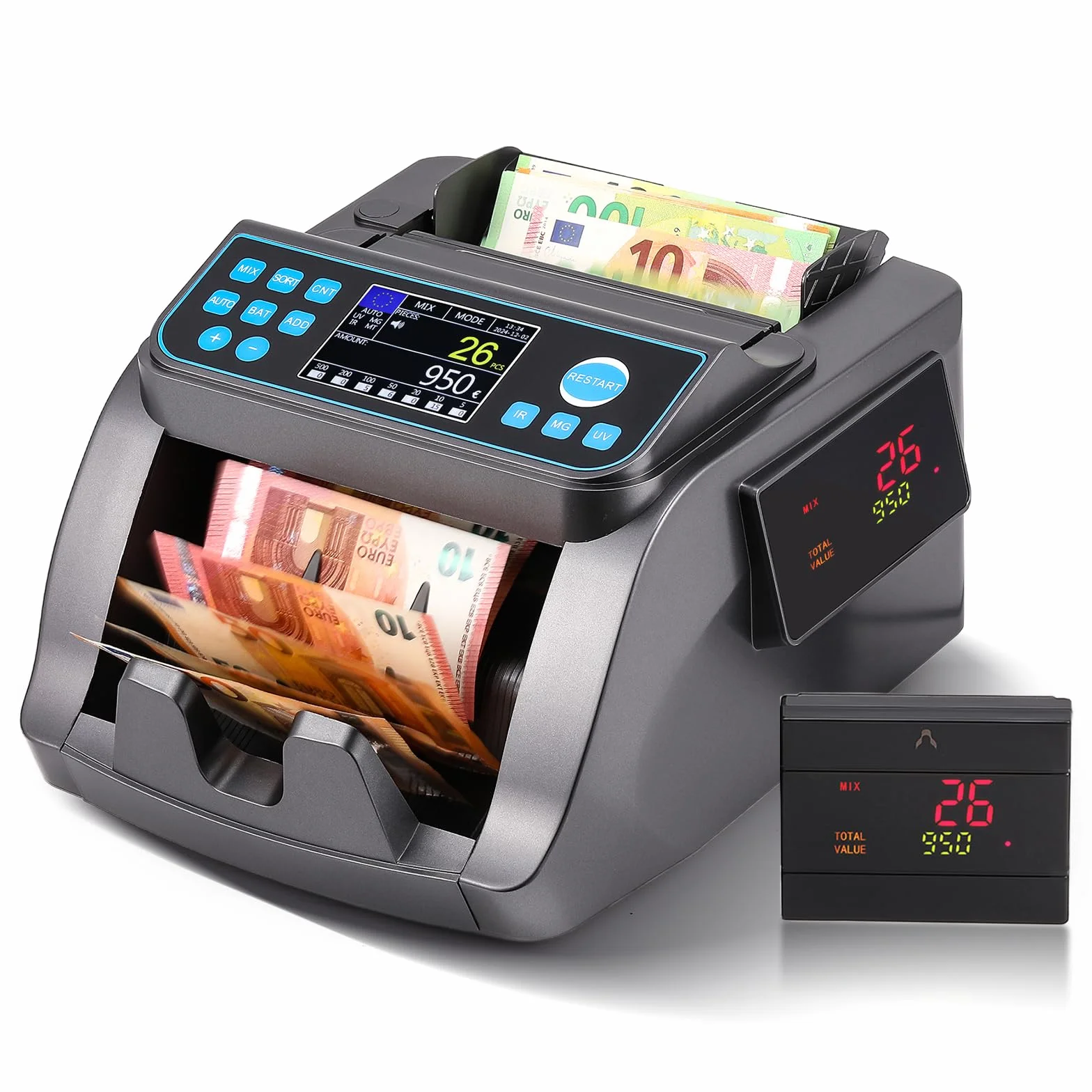 Bonvoisin Máquina Contadora de Dinero, Euro UV/MG/IR/MT/DD Detección de Falsificaciones, Clasificación por Denominación y Recuento de Valor Mixto, Modos Añadir y Lote, 1000 Billetes/Min (EU)