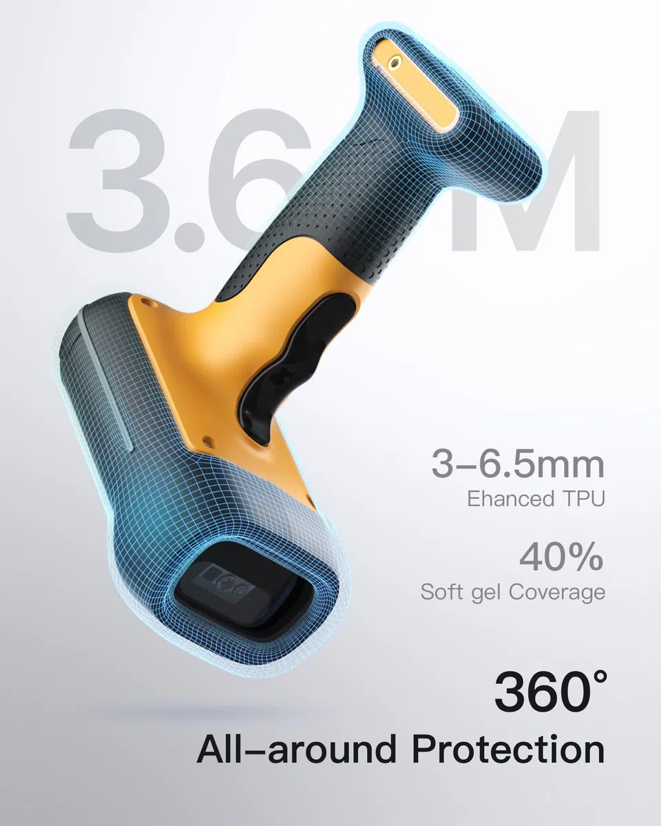 Inateck Escáner de código de barras RFID industrial, inalámbrico, lector de códigos de barras 2D IP67 con base de carga, conexión Bluetooth/2.4G/USB, batería de 2600 mAh, soporte SDK de aplicación