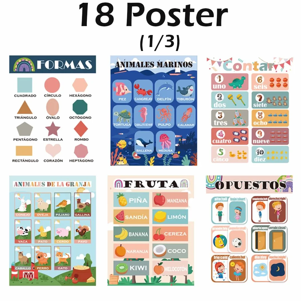 Clase de Español para Niños Poster, 18 Pósteres Bohemios Decoraciones Bilingües para Estudiantes de Primaria, Tablas de Aprendizaje Resistentes al Agua