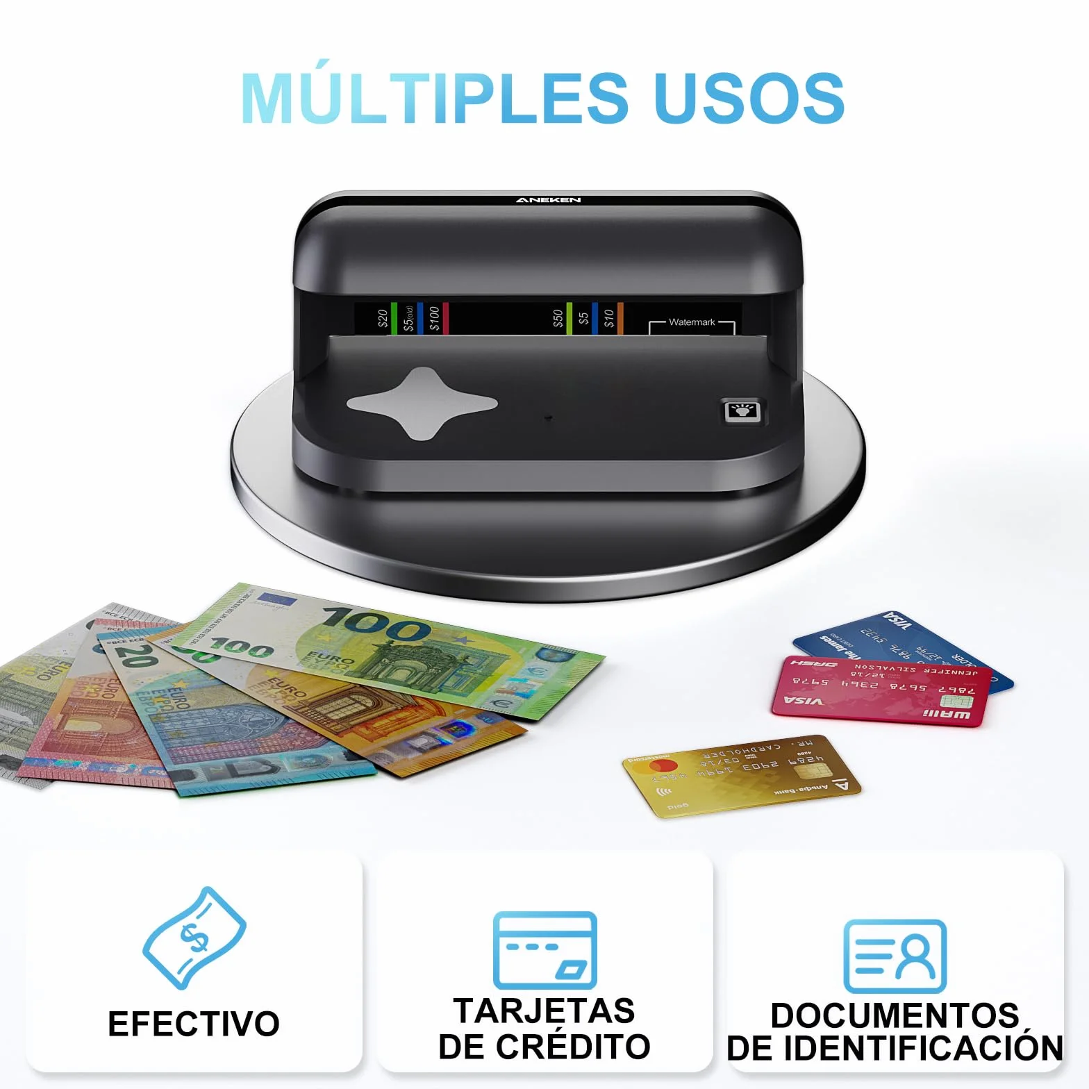 Detector de billetes falsos Aneken AL-17 con 2 lámparas UV LED de 1800 lúmenes, verificador de billetes UV para tarjetas y documentos de identificación, apto para euros y todas las divisas
