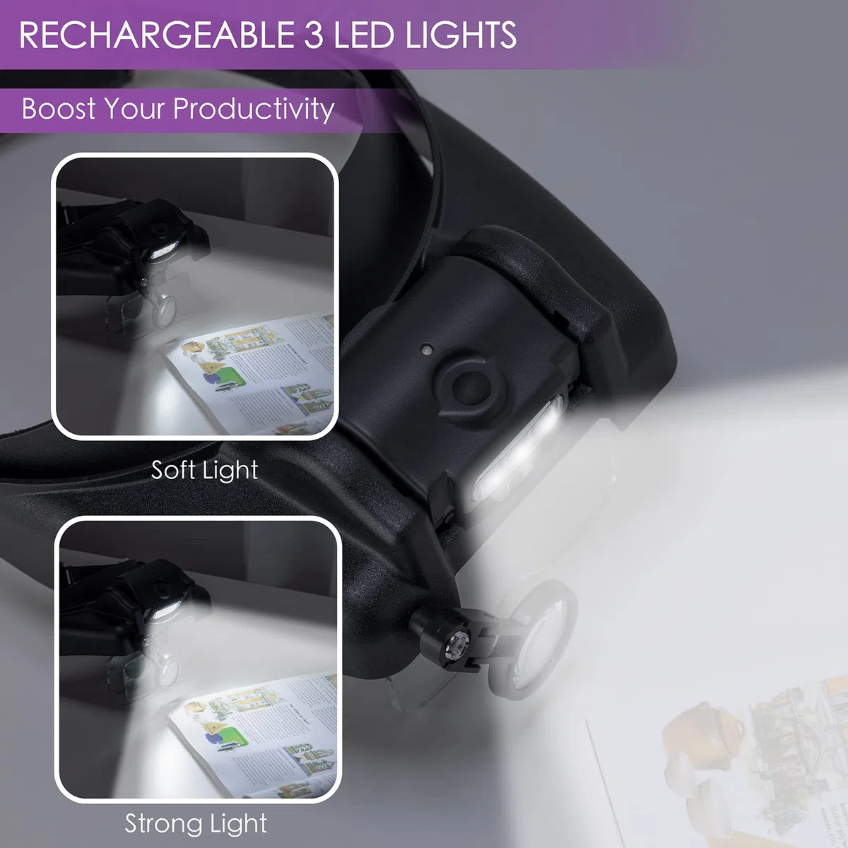 Lupa con luz manos libres, lupa de 1X a 14X para trabajo cercano, auriculares de lupa ajustables para joyeros con lentes intercambiables 1x, 1.5X, 2X, 2.5X, 3.5X para pasatiempos, monedas,