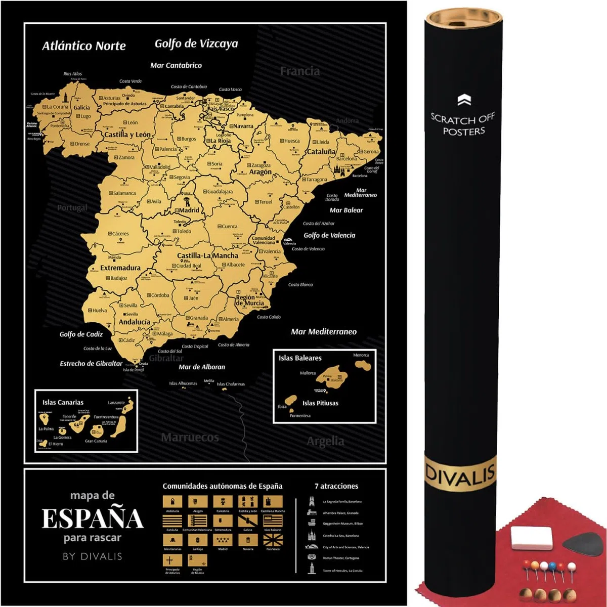 Grande Mapa de España Para Rascar - Mapa Para Marcar Viajes de España - Scratch off Spain Map - Scratchable Spain Poster