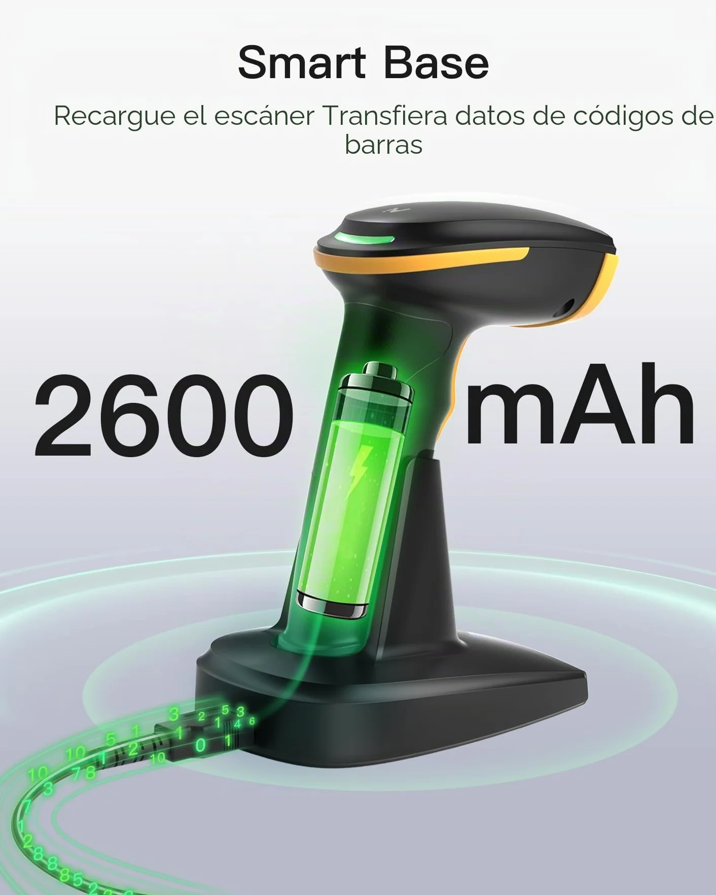 Inateck Escáner de Códigos de Barras Bluetooth 2D, Escáner QR Code 2D Inalámbrico con Batería de 2600 mAh y Base de Carga Inteligente, Escáner Portátil Compatible con AI, App, SDK, BCST-36