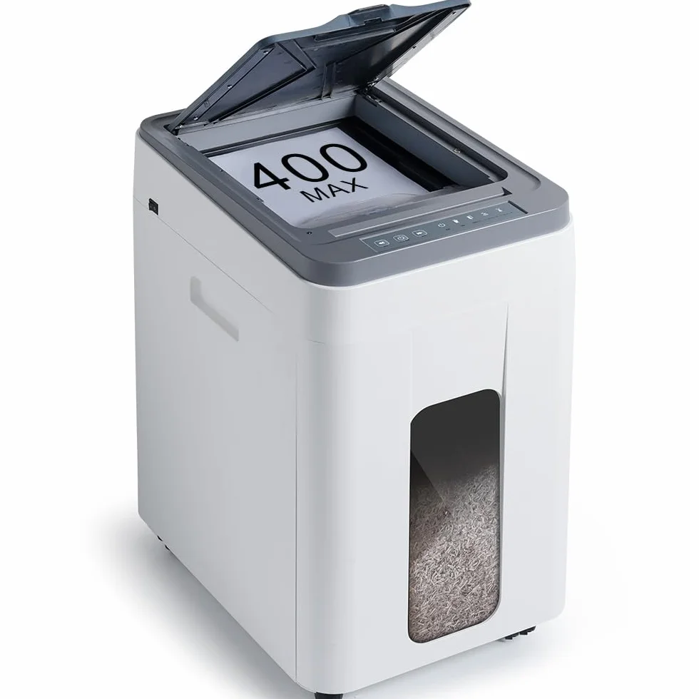 Destructora Papel Automática Profesional: 400 Hojas Microcorte P-5 Non Stop Destruye Tarjetas/Grapas con Cubo 50L para Oficina Casa Clínicas Hospitales Centros Educativos