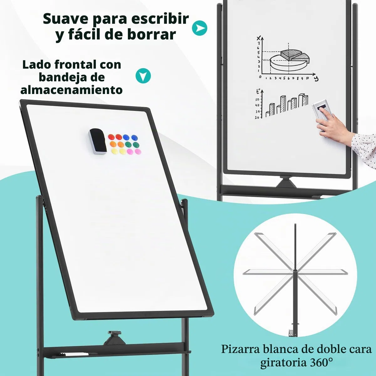 GIANTEX Pizarra Blanca Móvil de Doble Cara, 60 x 100 cm, Pizarra Magnética con Patas Ajustable en 2 Niveles, con Borrador en Seco, Marcadores Negros, Imanes, Pizarra de Caballete con Ruedas (Negro)