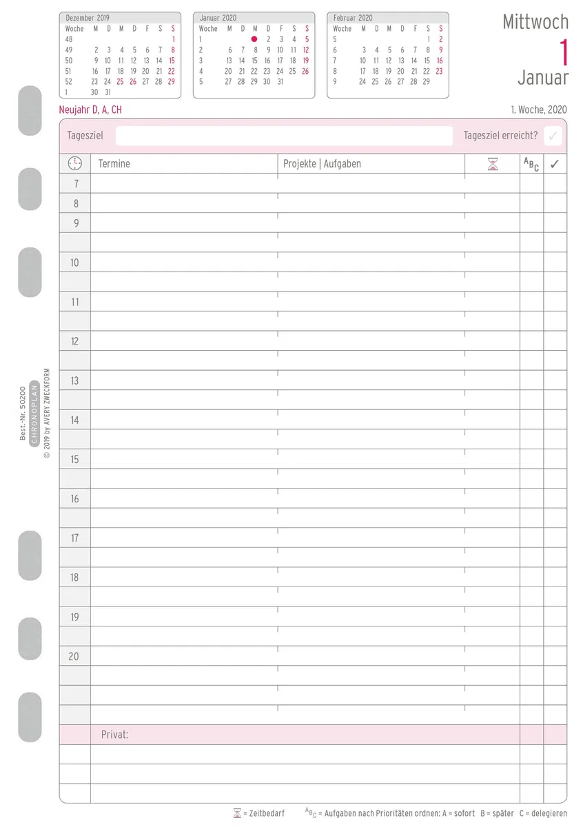 Chronoplan 50200 - Recambio para agenda 2020 (juego anual A5 con planes diarios (148 x 210 mm), calendario de repuesto, ideal para planificación diaria profesional, multiperforación (1 día en 2