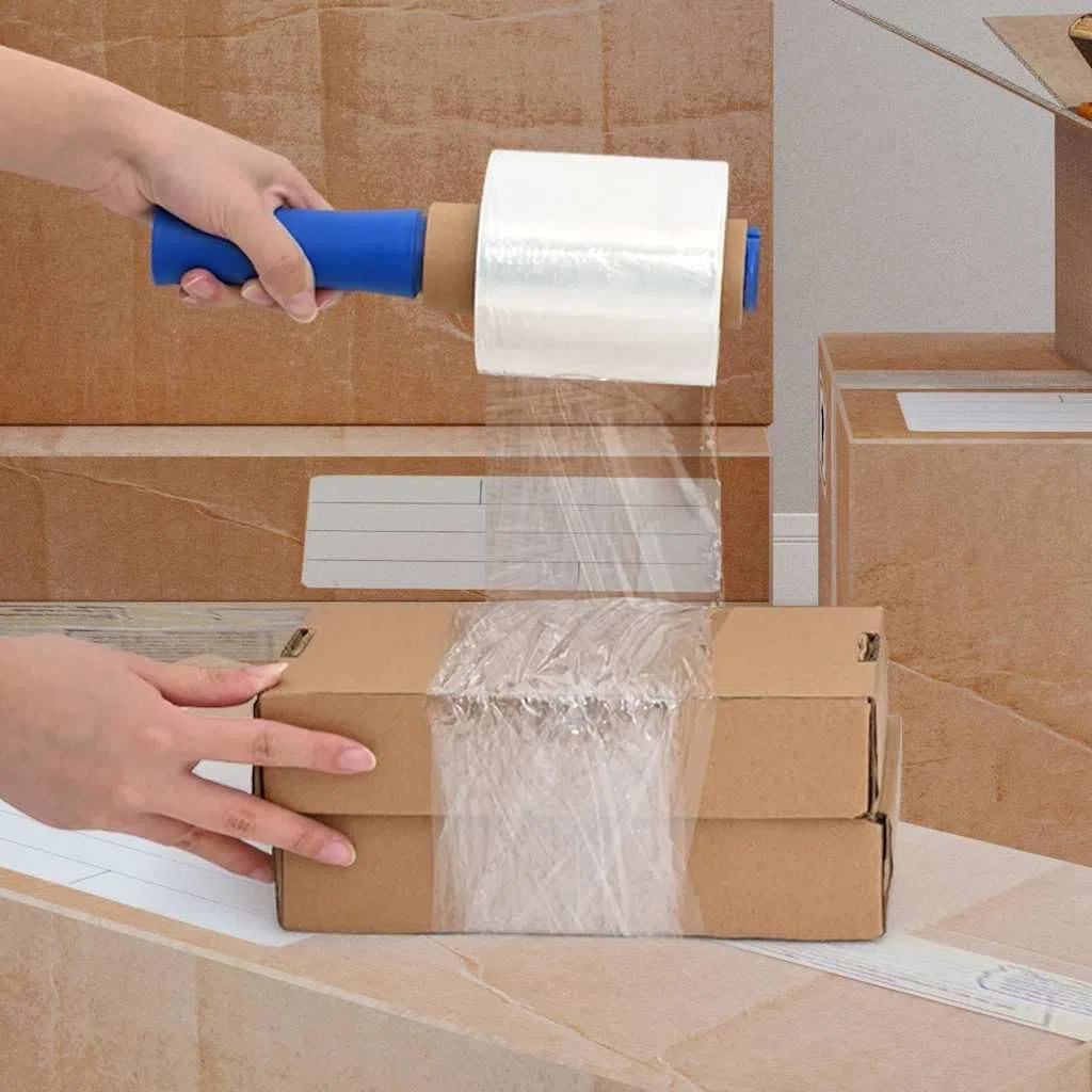 Láminas elásticas transparentes de 23 micras de 10 cm x 300 m, de polietileno, con asa, material de embalaje para almacenamiento, transporte, mudanza, cartón y protección contra el polvo