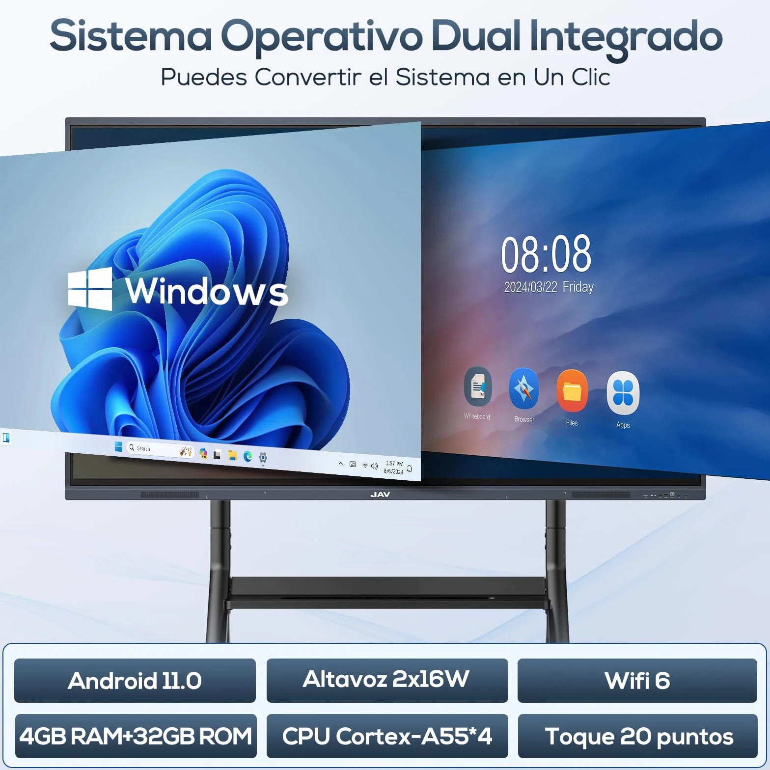JAV Smart Board 55 Pulgadas Pizarra Blanca Interactiva 4K Pantalla Tactil Electrónica Whiteboard Todo En Uno Monitor para Aulas, Oficina (Soporte de Pared Incluido)