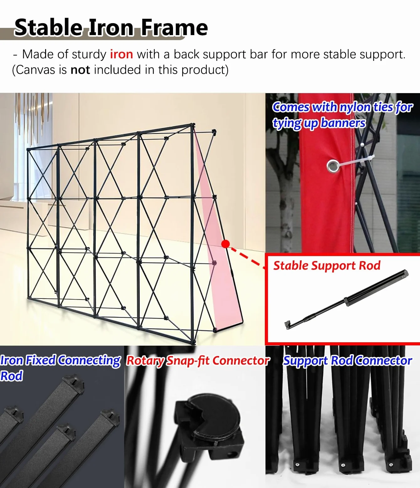 Soporte plegable para exhibición de carteles con tiras de fijación y barras de soporte traseras, soporte emergente para pancartas para exhibiciones y bodas, 2,3 m x 2,3 m (7,5 pies x 7,5 pies)