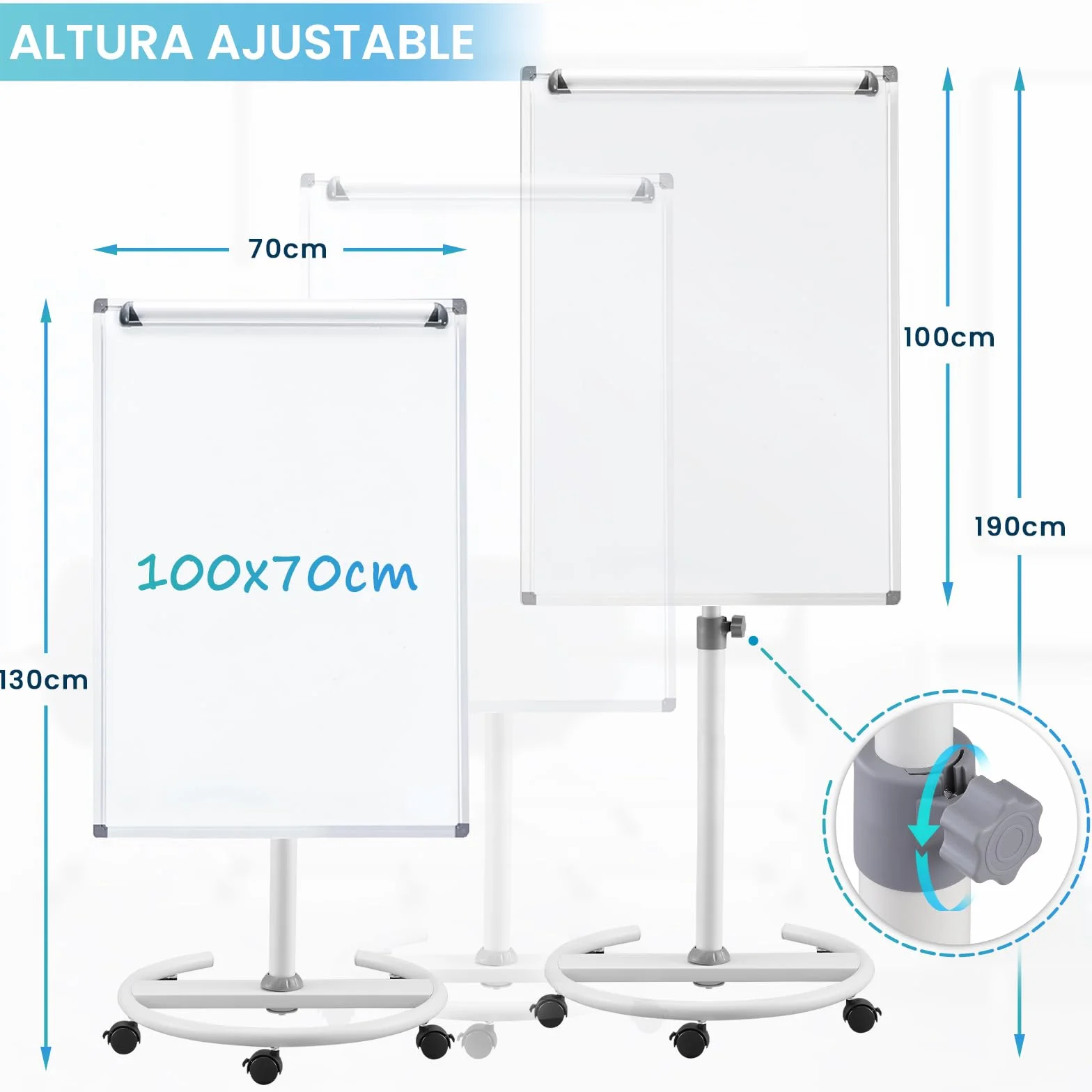 S SWANCROWN Pizarra Blanca Magnética Móvil 100x70cm, Pizarra Magnetica con Ruedas,Altura Ajustable, Pizarra Blanca con Soporte para Oficinas,Enseñanza